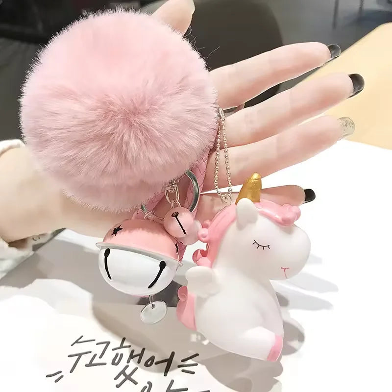 3D Pink Unicorn Hair Ball Pompom Ladies Pendant Bag Plush Toys Fluffy Artificial Rabbit Hair Pom Pom Keychain Girl Key Pendant
