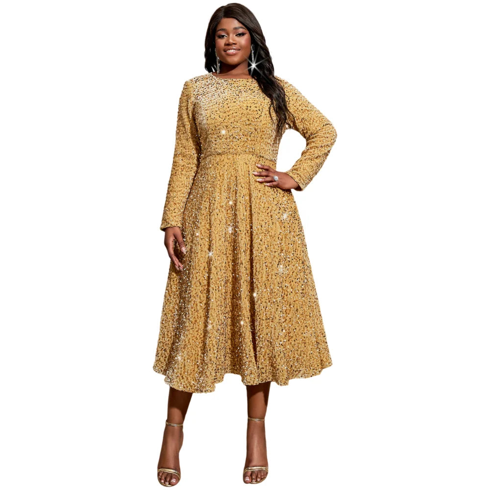 Round Collar Long Sleeve Gold Velvet Sequin a Line Lady Casual Dresses