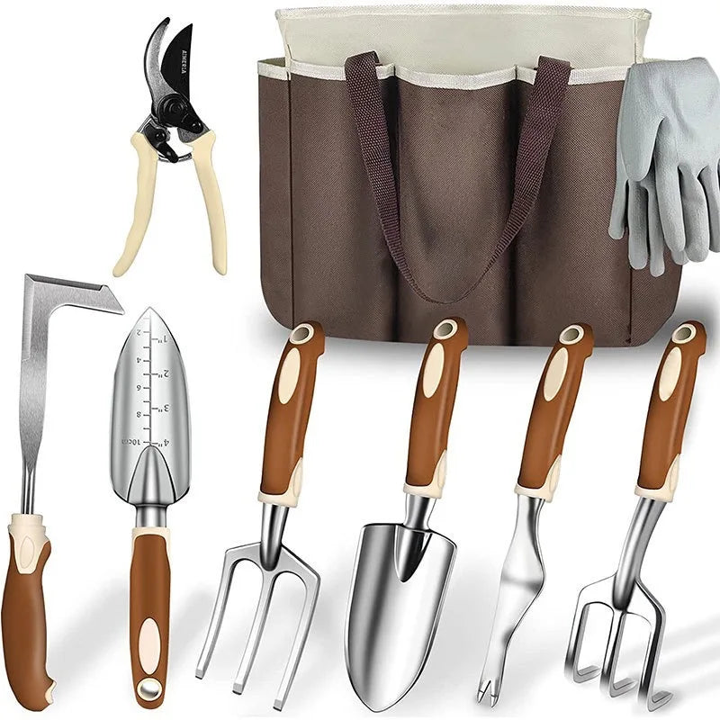 9pcs Gardening Tool Set with Tote Bag & Gloves Durable Stainless Steel Tools OEM Logo Supported