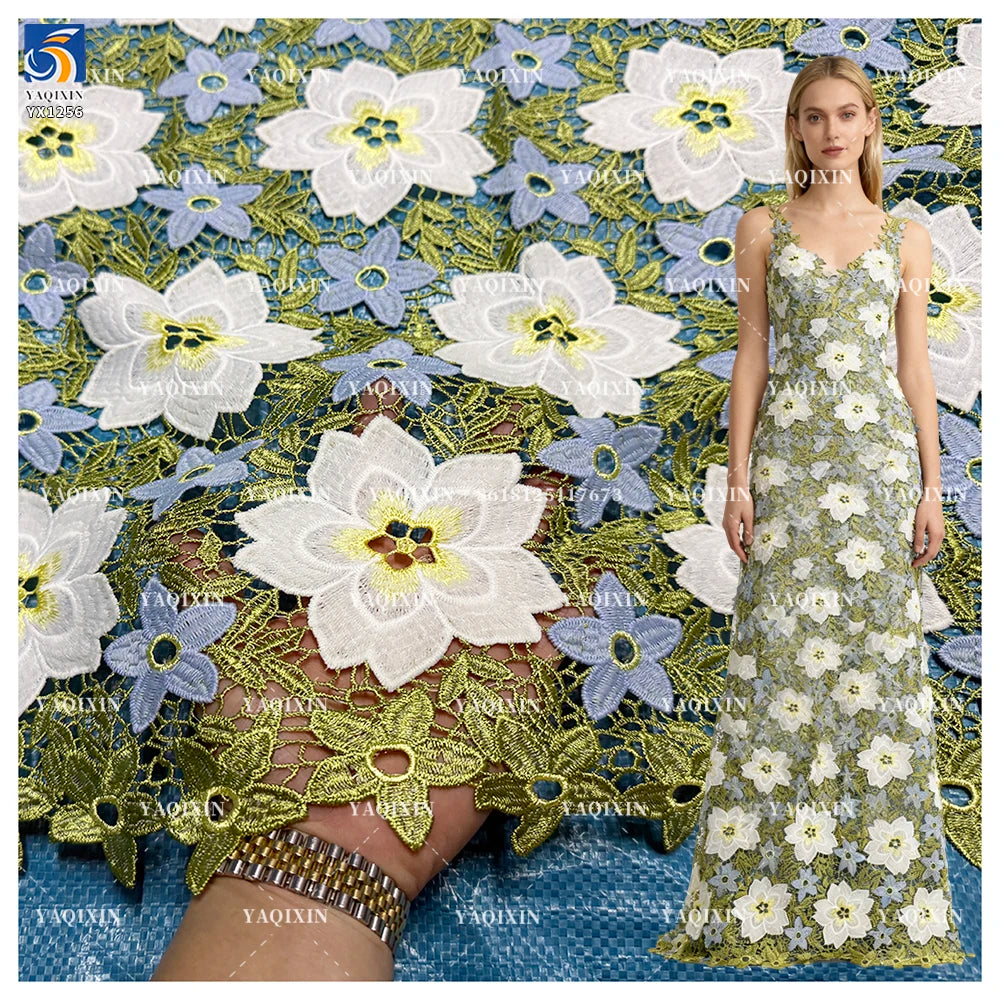 YX1256 2026 Pastoral Style Florals and Leaves Embroidered Fabric for Tablecloths Water Soluble Floral Lace Embroidery Fabric MegaBDM
