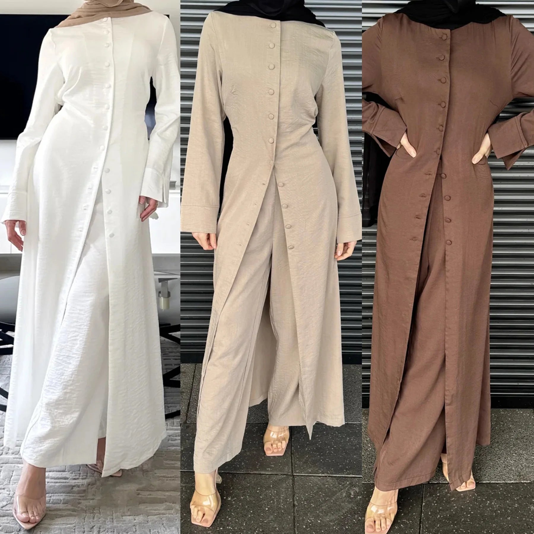 Ironless Crepe Two-Piece Abaya Set Buttoned Top & Wide-Leg Jazz Pants for Modest Summer Wear