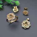 18K Gold Plated Brass CZ Paved Hollow Rose Flower Flower Pendant Earring Ring  Set for DIY Jewelry