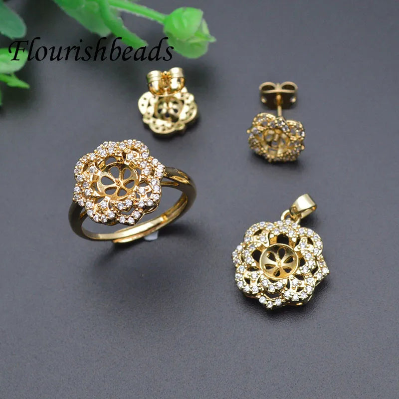 18K Gold Plated Brass CZ Paved Hollow Rose Flower Flower Pendant Earring Ring  Set for DIY Jewelry