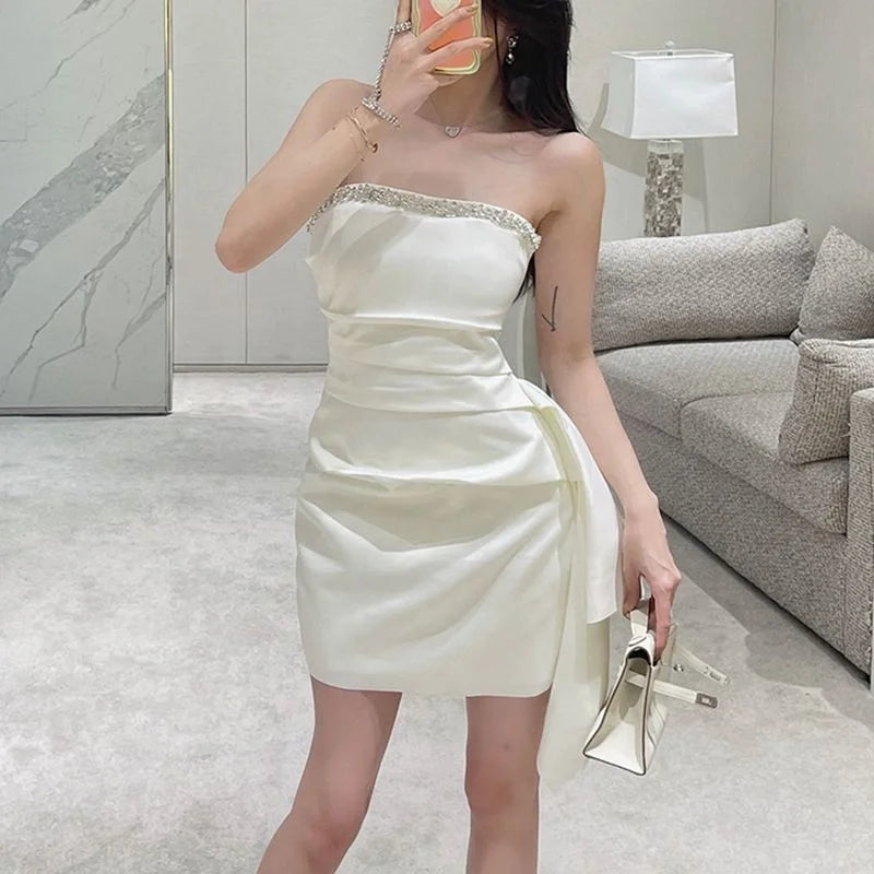 Party Banquet Rhinestone Chain Top Waist Irregular Ribbon Pack Hip Dress Skirt