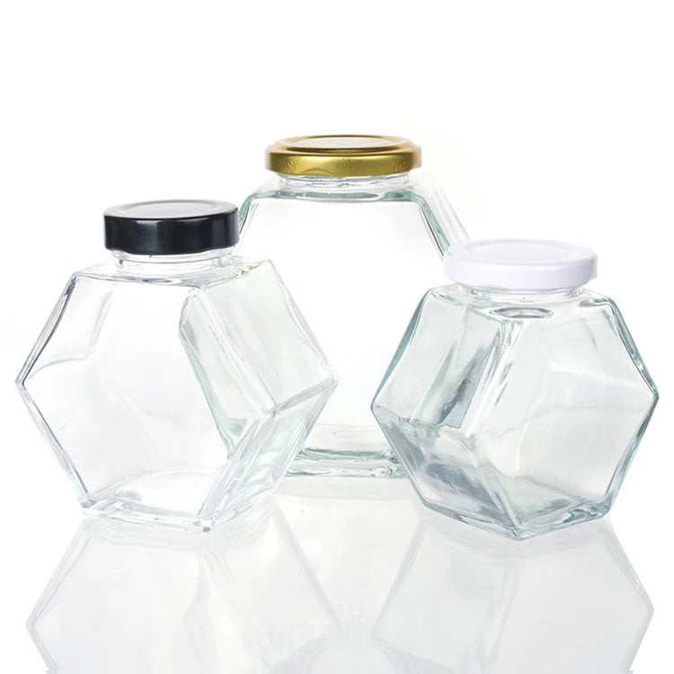 Hexagon Shape Heat-Resistant Glass Honey Pot Jar With Dipper Clear Storage Container With Lid for 100ml or 500ml Capacity