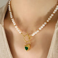 French Romanticism Retro Pink Green Rhinestone Heart Shaped OT Buckle Pendant Freshwater Pearl Necklace
