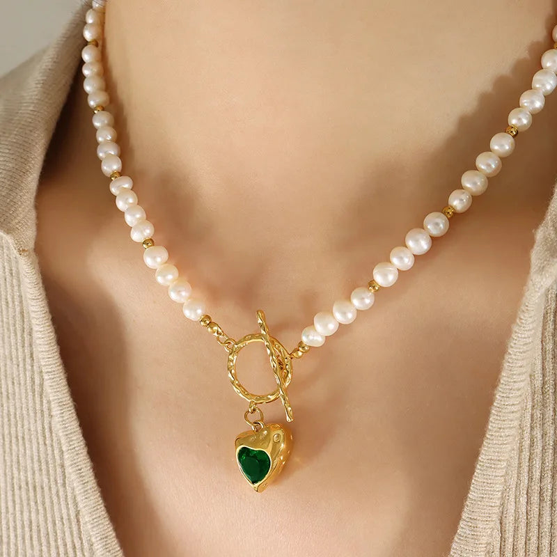 French Romanticism Retro Pink Green Rhinestone Heart Shaped OT Buckle Pendant Freshwater Pearl Necklace