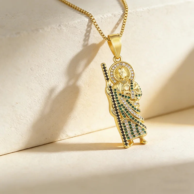 QIKU Religious San Judas Necklace Colorful Rhinestone Gold Color Copper Zircon Chain Saint Jewish Pendant Jewelry Gift Wholesale
