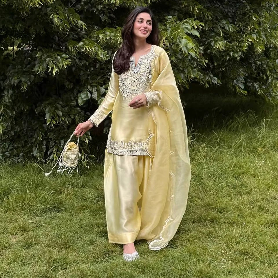 Traditional Silk Cotton Midi Party Wear Stitched Sharara Gharara Indian Embroidery Work 3-Piece Set Ready-Made Designer Ethnic