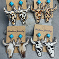 Boho Vintage Leopard Cow Pattern Horsehair Cowhide Leather Earrings for Ladies Bull Head Turquoise Stud Earrings