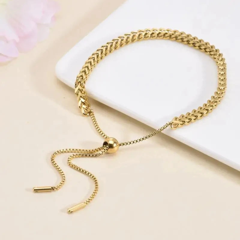 Stunning Box Chunky Chain Stainless Steel 18K Gold Plated Adjustable Slider Chain Bracelet for Women