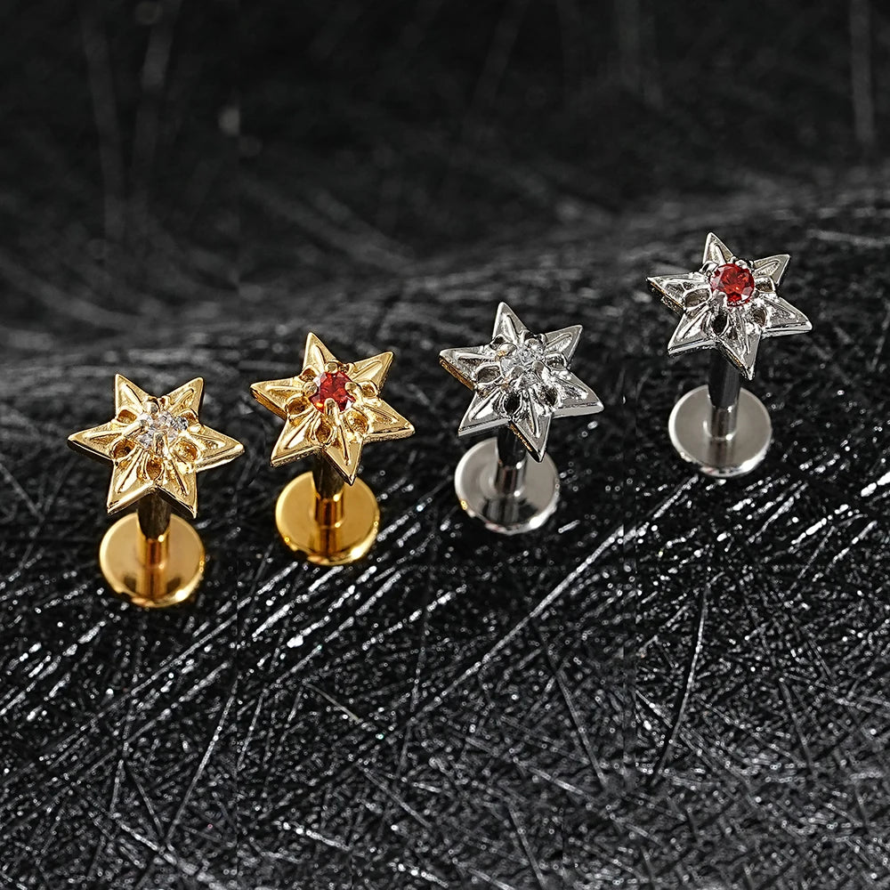 Hexagram CZ Labret Body Piercing Jewelry Garnet CZ Star Lip Ear Tragus Internally Threaded Earrings Fashion Body Jewelry