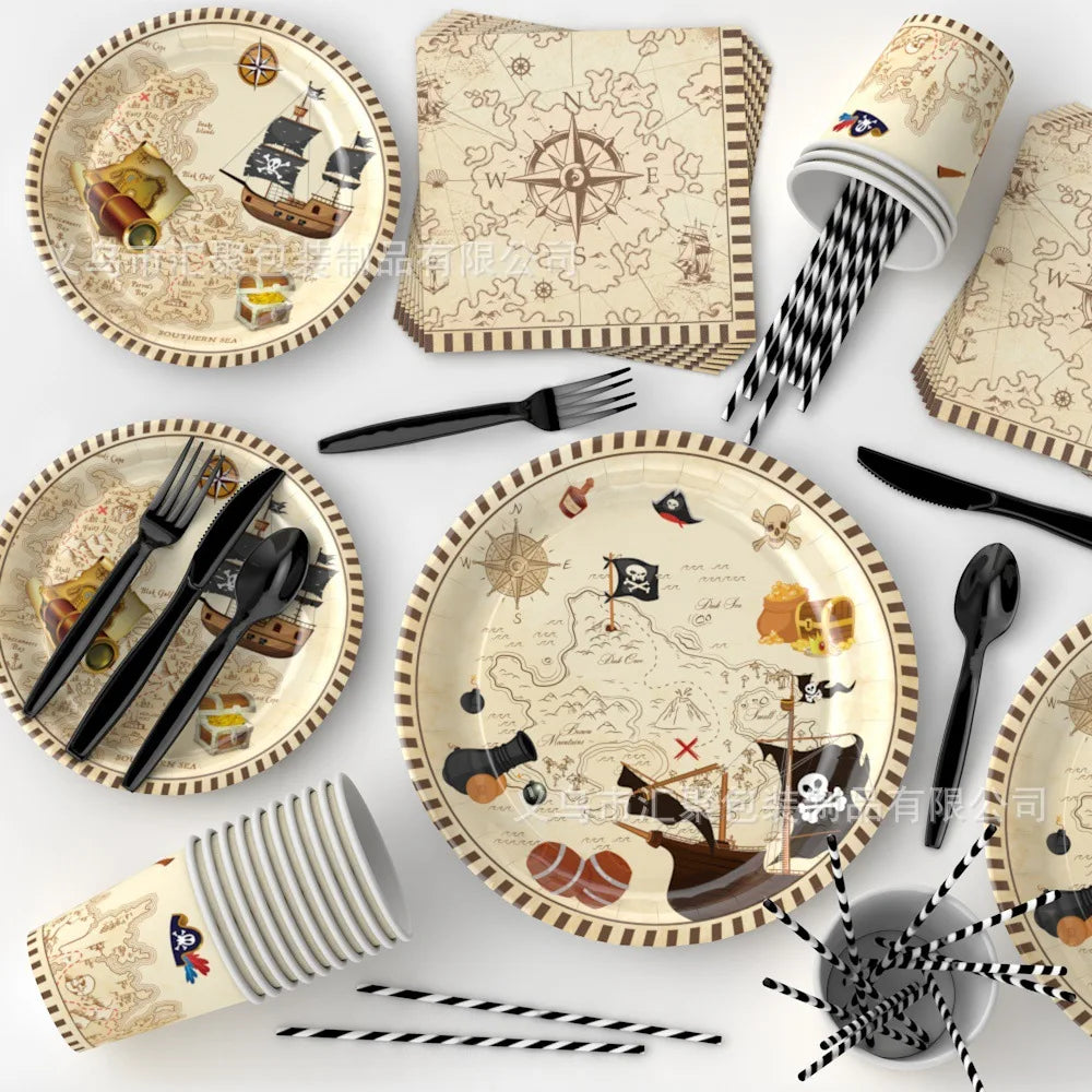 Pirate Treasure Map Party Supplies Disposable Cartoon Paper Plates Napkins Tableware Birthday Party Decorations MegaBDM