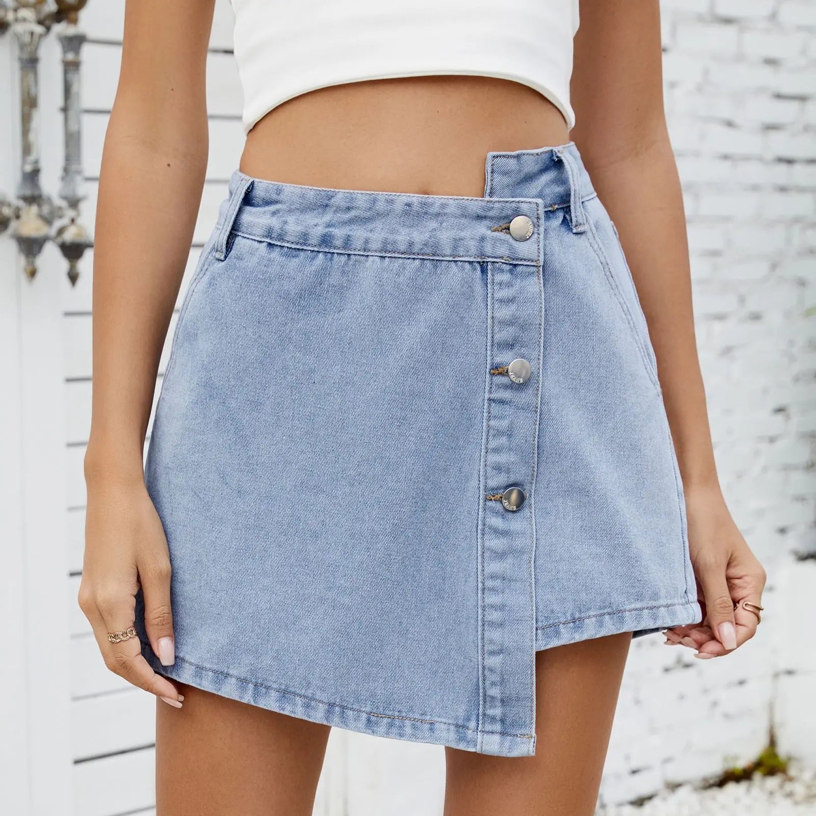 Women's Western Cross-Border Denim Skort - Summer New Washed Button-Detailed & Asymmetrical