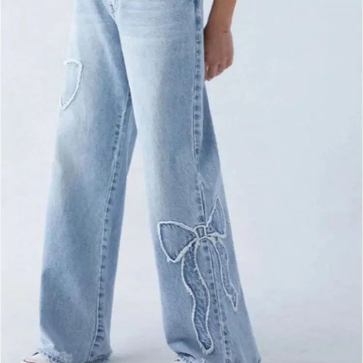 Women's New American Embroidered Butterfly Denim Pants - High-Street Y2K Baggy Straight-Leg with Side Fraying