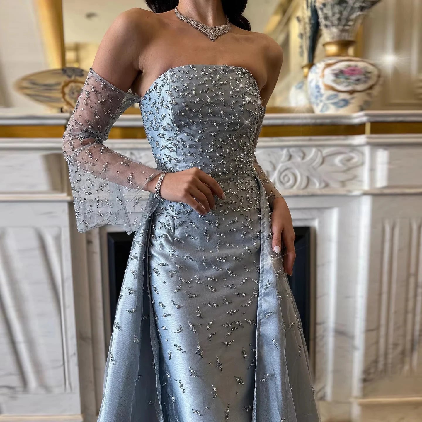 Jancember LSZ484 Elegant Silver Gray Beading Pearls Mermaid Evening Dresses With Train