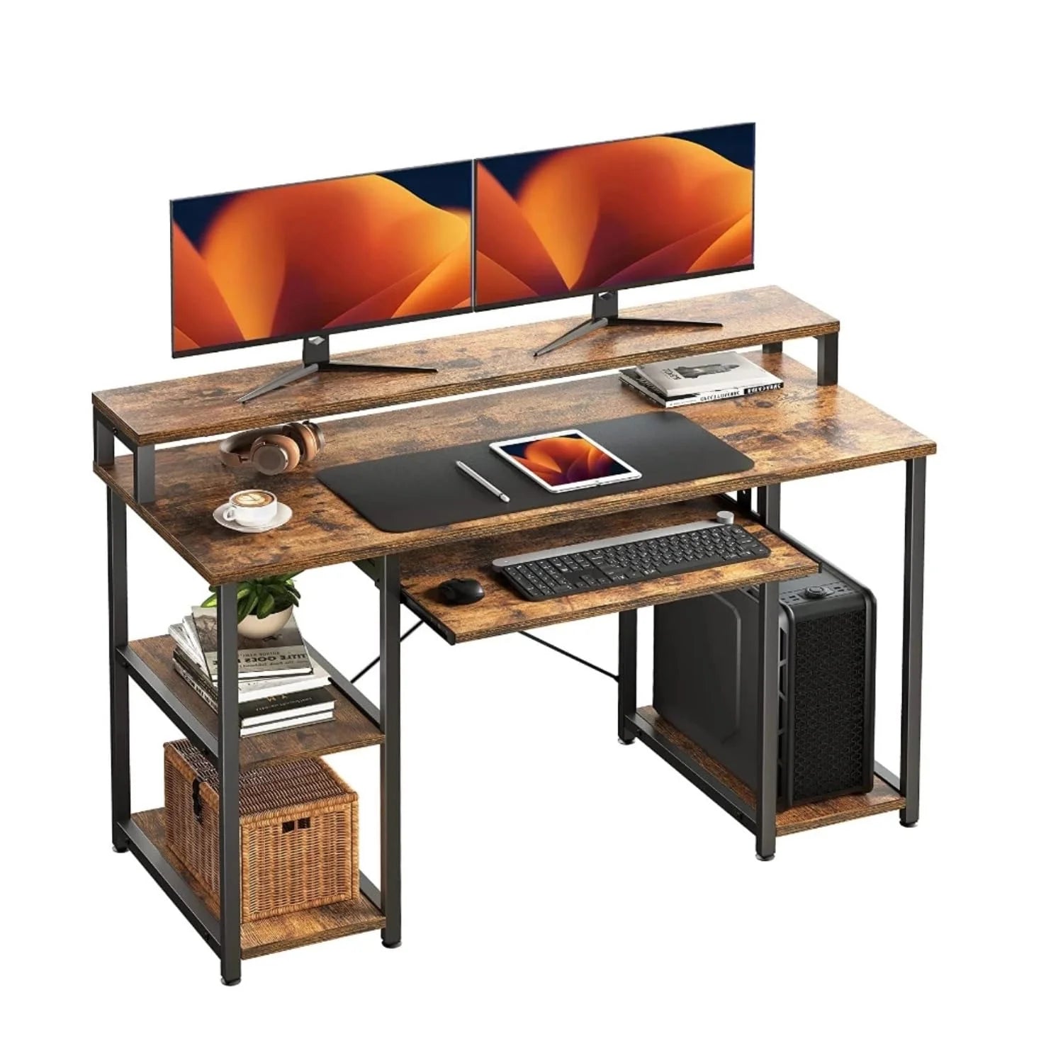 Brown Computer Desk with Keyboard Tray Office Desk with Monitor Stand and Storage Shelves Music Studio Desk Workstation