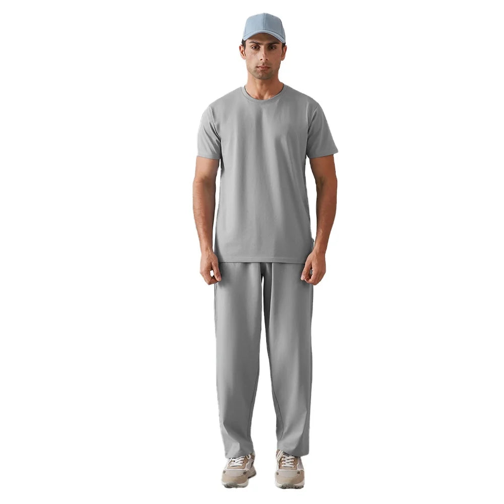 Wholesale Custom Ash Grey Men's Summer Wear Short Sleeve Shirt with Straight Trousers Minimal Urban Tracksuit