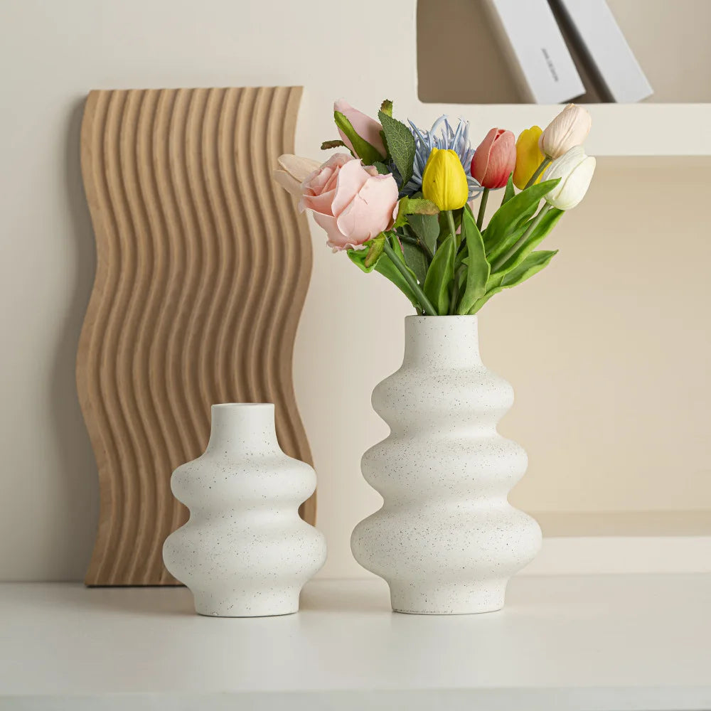 Wavy Ceramic Vase | Nordic Layered Sculpture Flower Vase for Home Decor | Minimalist Textured Pottery Ornament MegaBDM
