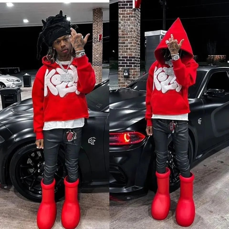 Custom Men's Cotton French Terry Pullover Sweatshirt Winter Oversized 3D Puff Print Hoodie Raw Hem No String Cropped Hoodies Men
