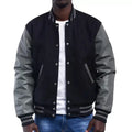 Custom College Varsity Jacket Black Wool Body Gray Sleeves Faux Leather Striped Rib Mandarin Collar Waterproof Breathable Front
