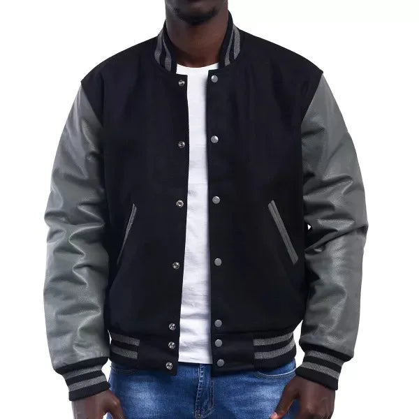 Custom College Varsity Jacket Black Wool Body Gray Sleeves Faux Leather Striped Rib Mandarin Collar Waterproof Breathable Front