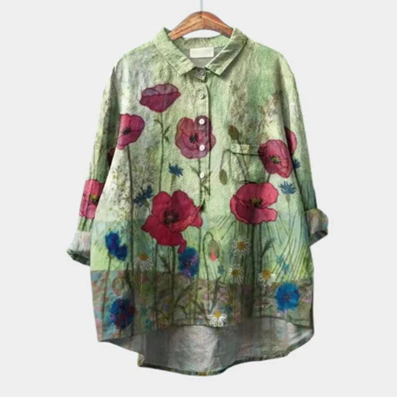 2025 Summer Elegant Office New Loose Casual Floral Printed Turn-down Collar Long-sleeve Simple Polyester Women's Blouse