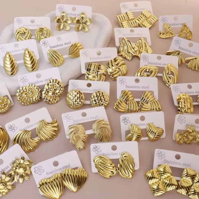 Fashion Bulk Sale Women Stainless Steel Punk Geometric Gold Plated Flower Heart Bow square Stud Earring Waterproof Gold Earring