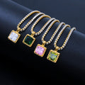 Exquisite Women Luxury Jewelry Stainless Steel 18k Gold Plated Square Colorful Zircon Tennis Chain Glitter Necklace