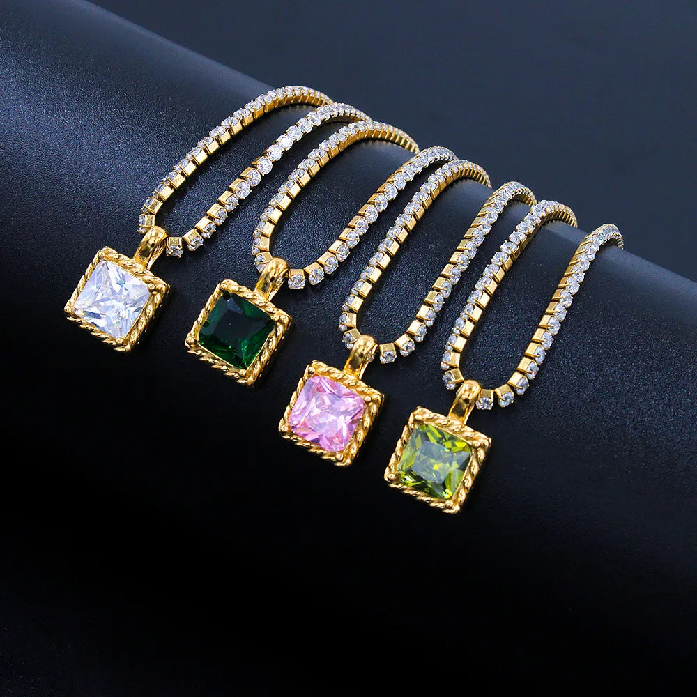 Exquisite Women Luxury Jewelry Stainless Steel 18k Gold Plated Square Colorful Zircon Tennis Chain Glitter Necklace