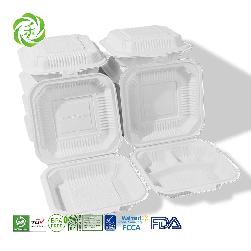 Clamshell Compostable Disposable Cornstarch Lunch Box Eco-Friendly Biodegradable PFAS Free BPA Free Microwavable 37oz Lid to Go