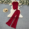 Korean-Style Casual Women's Suit: V-Neck Knitted Top & High-Waisted Wide-Leg Trousers