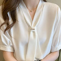 Women's Summer V-Neck Chiffon Blouse Short Sleeve Sweet Style XL Size Tops Breathable Woven Solid Pattern for Office Occasion