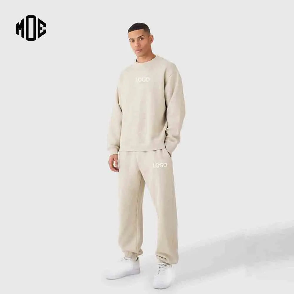 Beige Printed Fleece Jogger Sweatshirt Set Men's Solid Color Custom Logo Tracksuit Winter Wear 2 Piece Outfit Sweatsuit 100%
