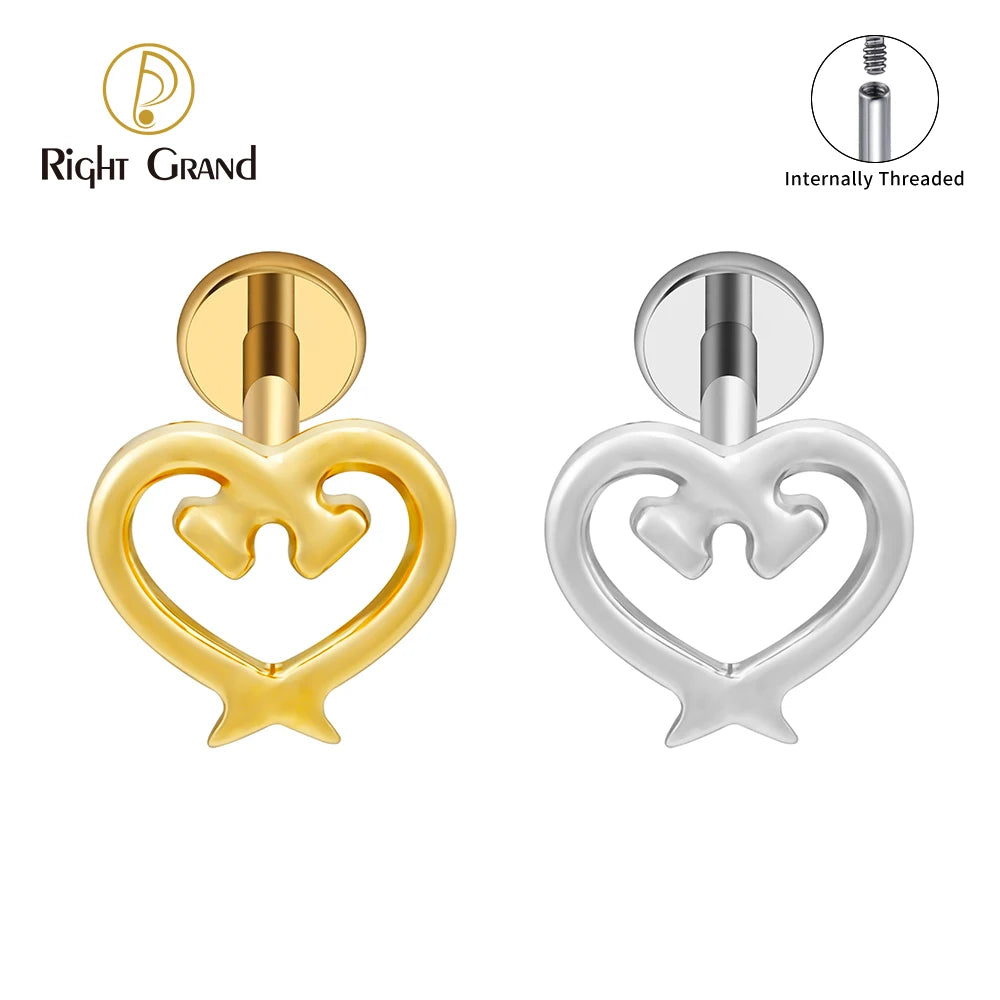 Heart Shaped Tacks Labret Ring Titanium Internal Thread 16G Flat Back Cartilage Stud Earring Conch Helix Lip Piercing Jewelry