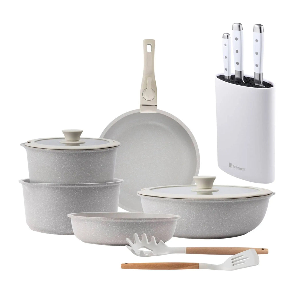 10-Piece Beige Cookware Set with Removable Handles 3 Frying Pans 2 Saucepans Lids and Utensils + 3-Piece Stainless Steel