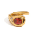 J&D 18K Gold Stainless Steel Snake Open Ring Oval Cut Red Glass Zirconium Trendy for Weddings Engagements Anniversaries Parties