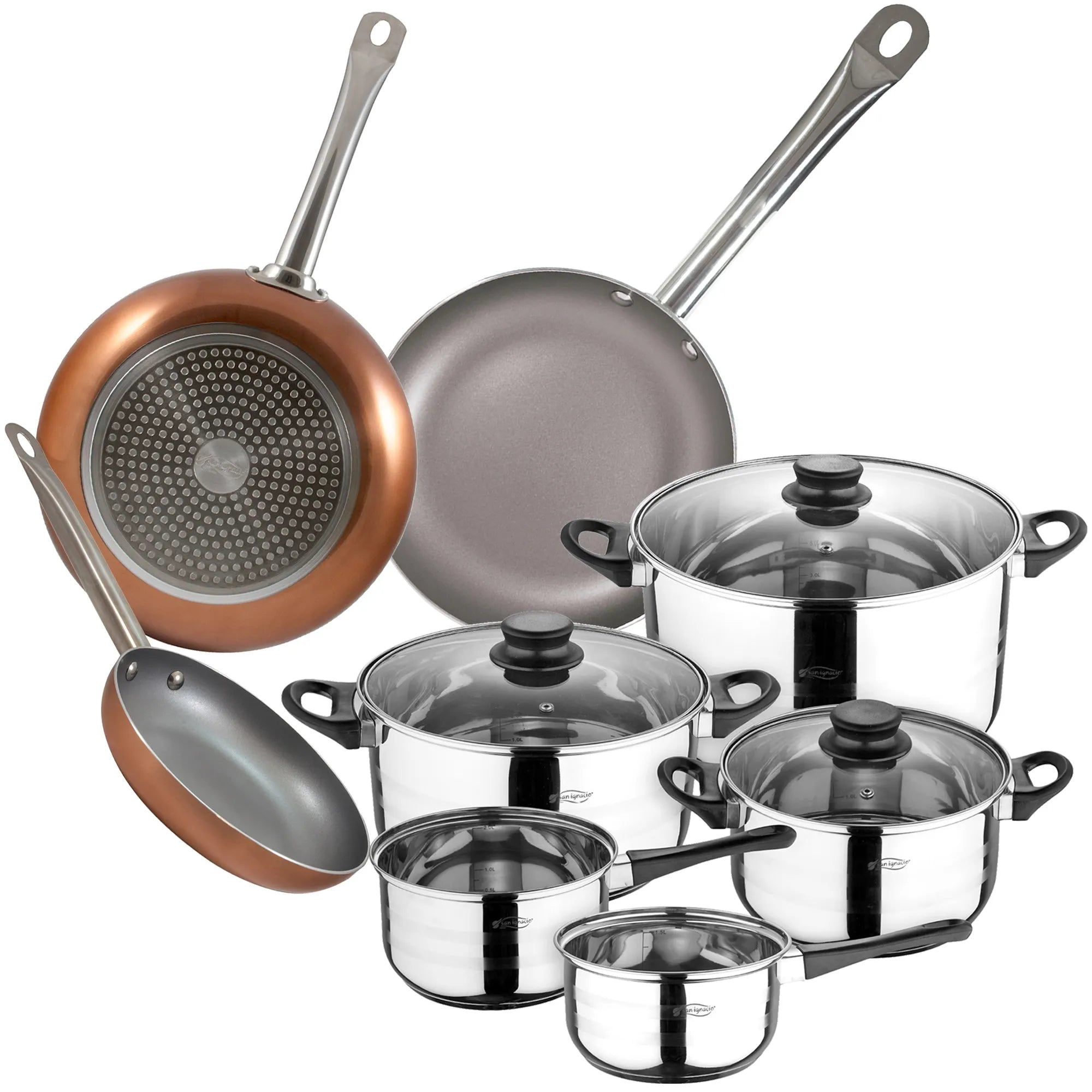 SAN IGNACIO 8-piece stainless steel cookware set with pressed aluminum frying pans (18 22 and 26 cm) from the Optimum Plus