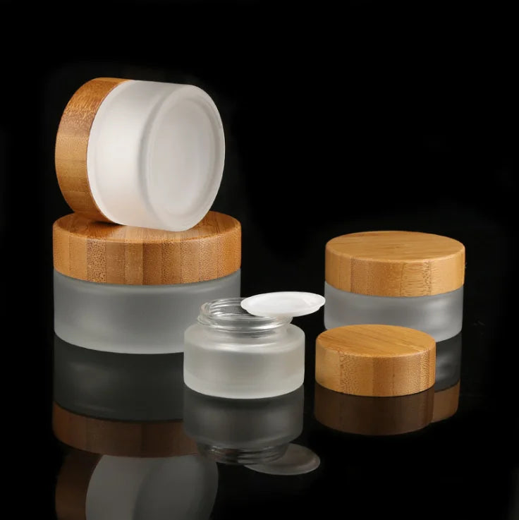 New Arrival Wide Mouth 5G-100G Frosted Transparent Cream Jar 5G 15G 30G 50G 100G Clear Glass Empty Cosmetic Bamboo Screw Cap