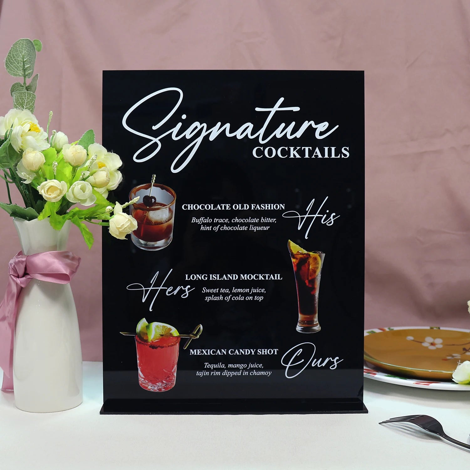 Stylish Black Acrylic Signature Cocktails Table Menu Holder With Detailed Information for Wedding and Other Events
