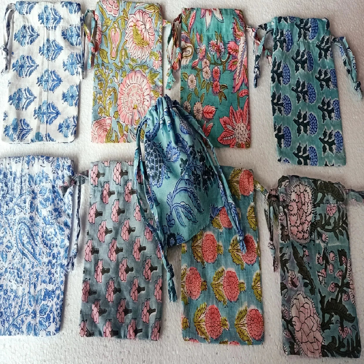Custom Made Organic Cotton Block Printed Drawstring Bags-Stylish Eco-Friendly Security Accessories for Perfume Lipstick Cosmetic