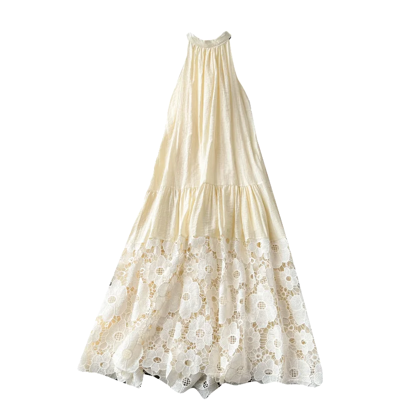 Summer Vacation Halter Casual Midi Dress for Women Empire Embroidery Hollow Out Lace Vestidos