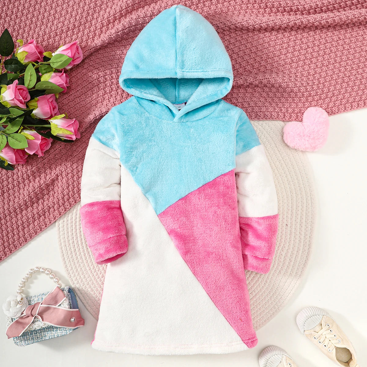 Catpapa Local Warehouse Cute Girls' Flannel Hooded Dress Long Print Spring Autumn Clothing Sets Hot Selling for Kids
