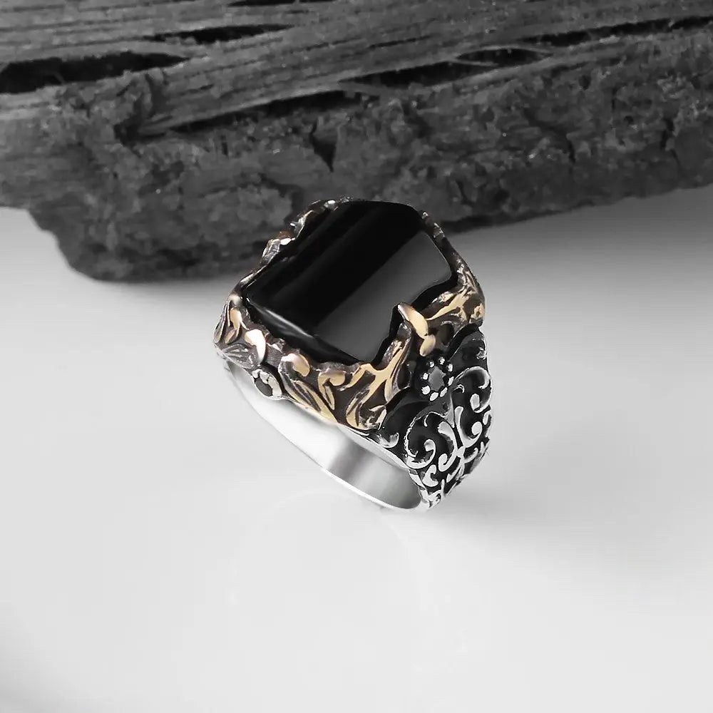 Wholesale Azuris VALKH1174 925 Sterling Silver Ottoman Style Men's Ring Natural Stone Agate Handmade in Turkey