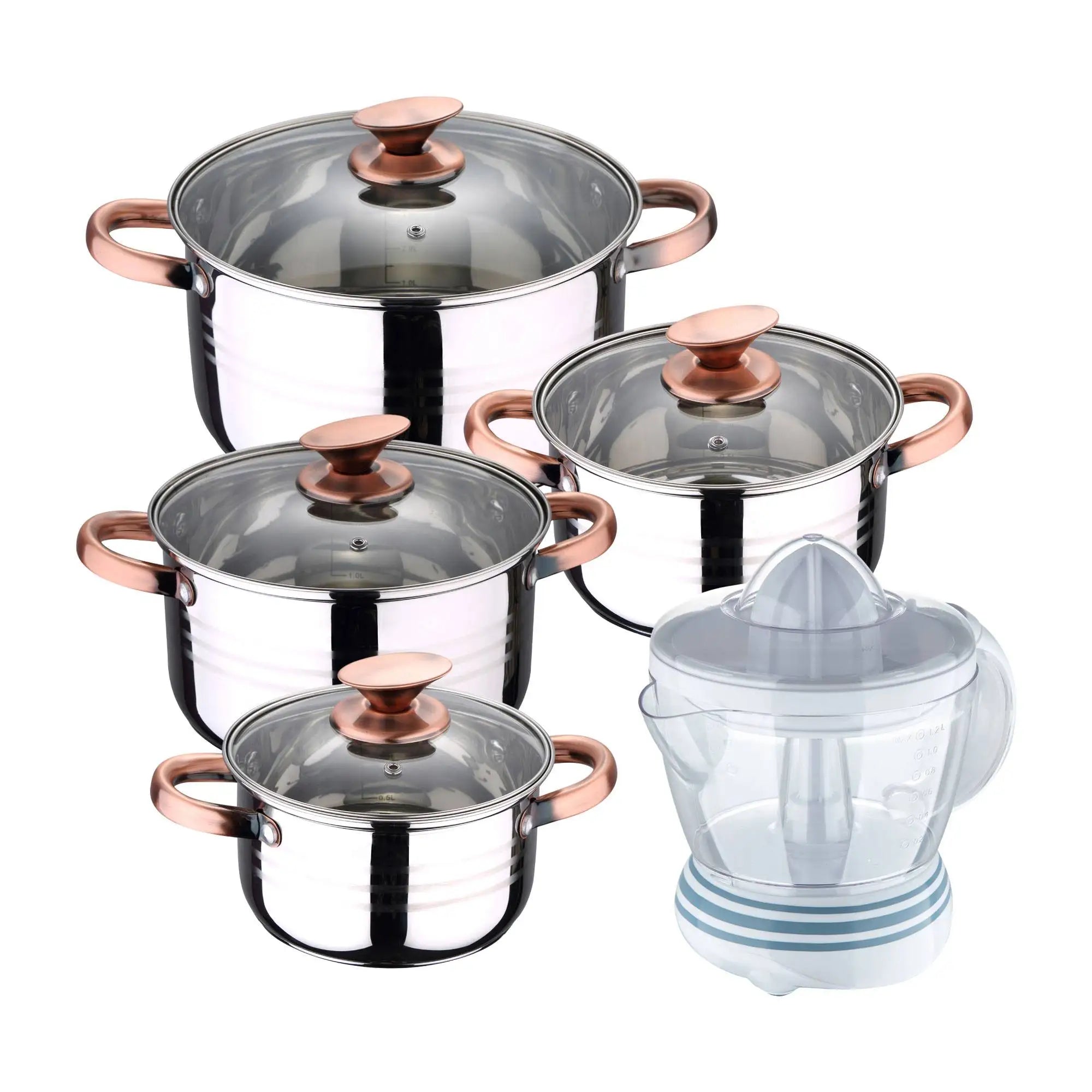 8-piece stainless steel cookware set suitable for induction hobs San Ignacio Premium Collection +- 40W Juicer - 1.2 Liter