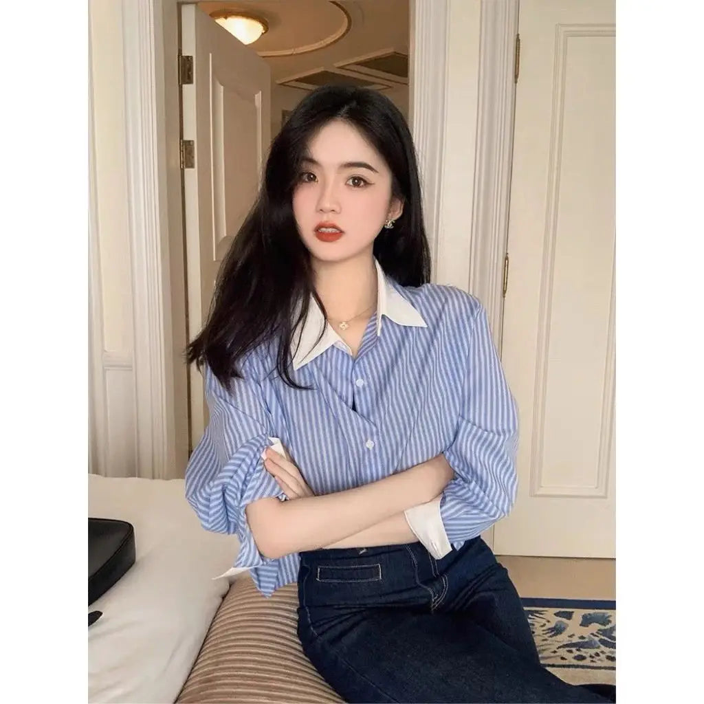 Hot Sale Women's French Long Sleeve Striped Blouse Top Elegant Vintage Casual Outwear for Spring Summer and Autumn Plain Dyed