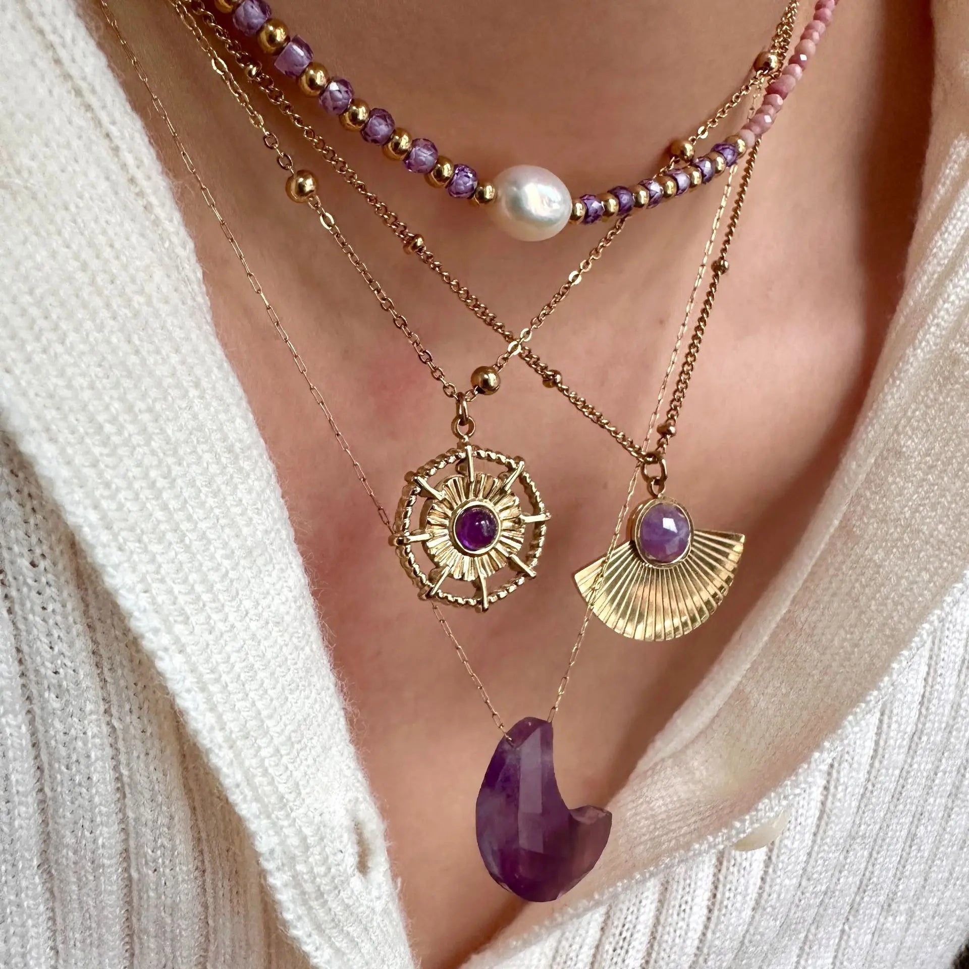 YWXS Ins Stainless Steel 18K Gold Fashion Retro Luxury Lady Amethyst Moon Compass Pendant Natural Stone Jewelry Necklace