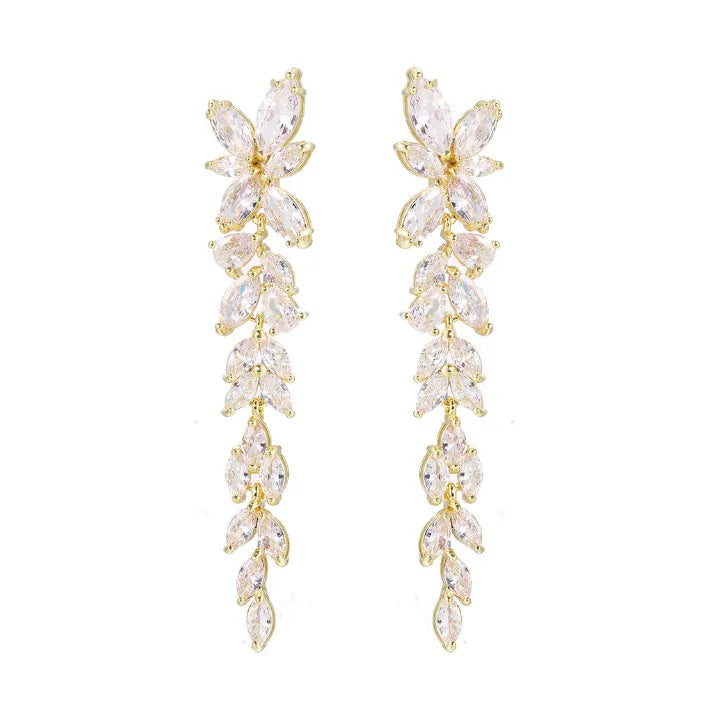 Wholesale JR Women's Classic Cubic Zirconia Crystal Statement Long Wedding Fashion Designer Gold Plated Drop Earrings