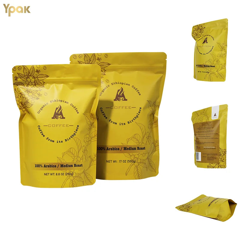 Ypak Hot Selling Customized Eco-Friendly Recyclable Compostable Mylar Stand Pouches Coffee Bean Bags Packaging Food Zipper