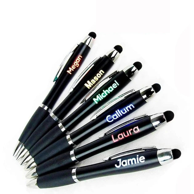 Low MOQ Custom LOGO Laser Led Light up Ballpoint Pen With Stylus Blue Plastic and Wholesale Personalised Engraved Manufacturer